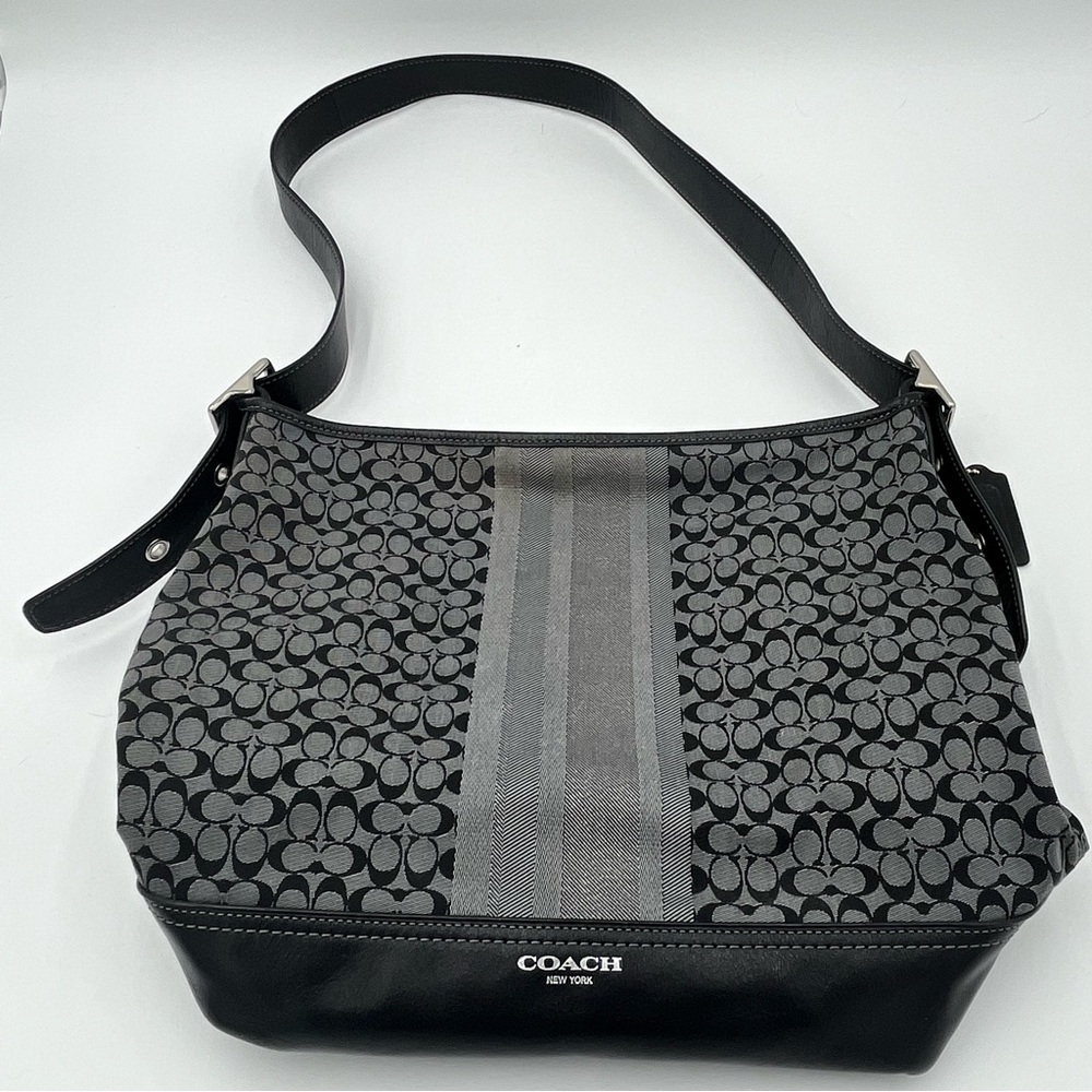 Coach Black and Gray Shoulder Bag with Signature Pattern